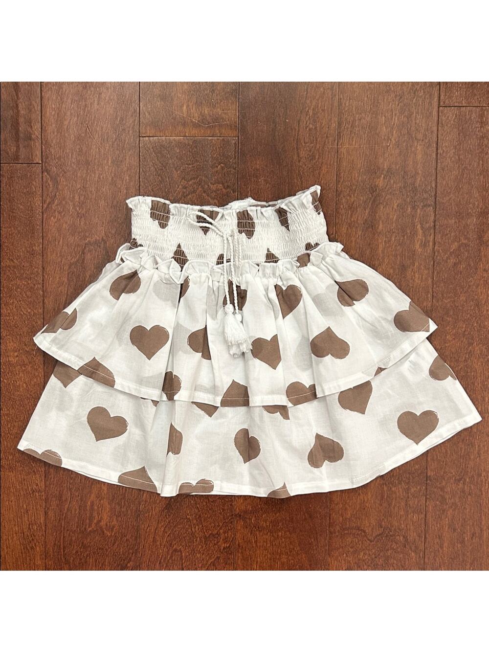 EMC White Tiered Skirt with Brown Heart Pattern, Size 7